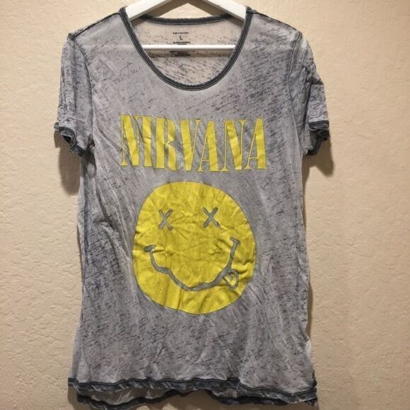 NIRVANA Happy face logo yellow Burn out graphic Band Tee Shirt Gray  Lrg - Picture 1 of 7
